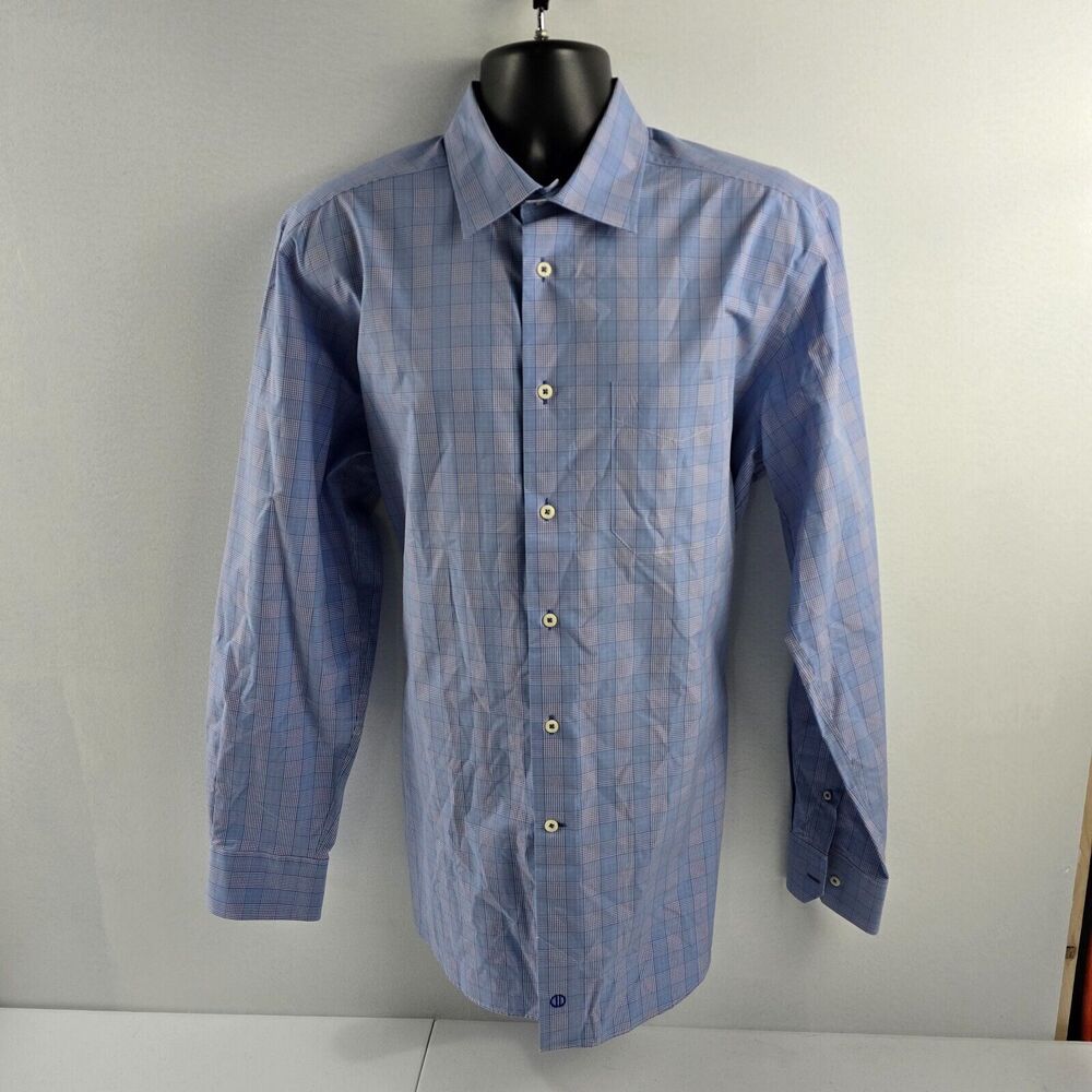 David Donahue Plaid Dress Shirt Blue Checkered 100% Cotton XL 4080